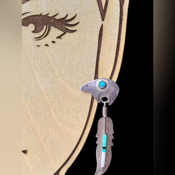Native American Navajo Sterling Turquoise Mosaic Stone Feather Bear Earrings - Picture 4 of 7